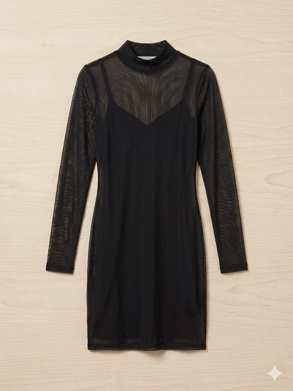 Room Service Black Long Sleeve Mesh Bodycon Dress • Cami Slip • Size small